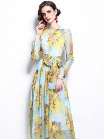 New Autumn Fashion Chiffon Floral Long-sleeved Dress