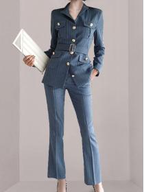 On Sale Doll Collars Button Matching Coat+Tall Waist Slim Pants 