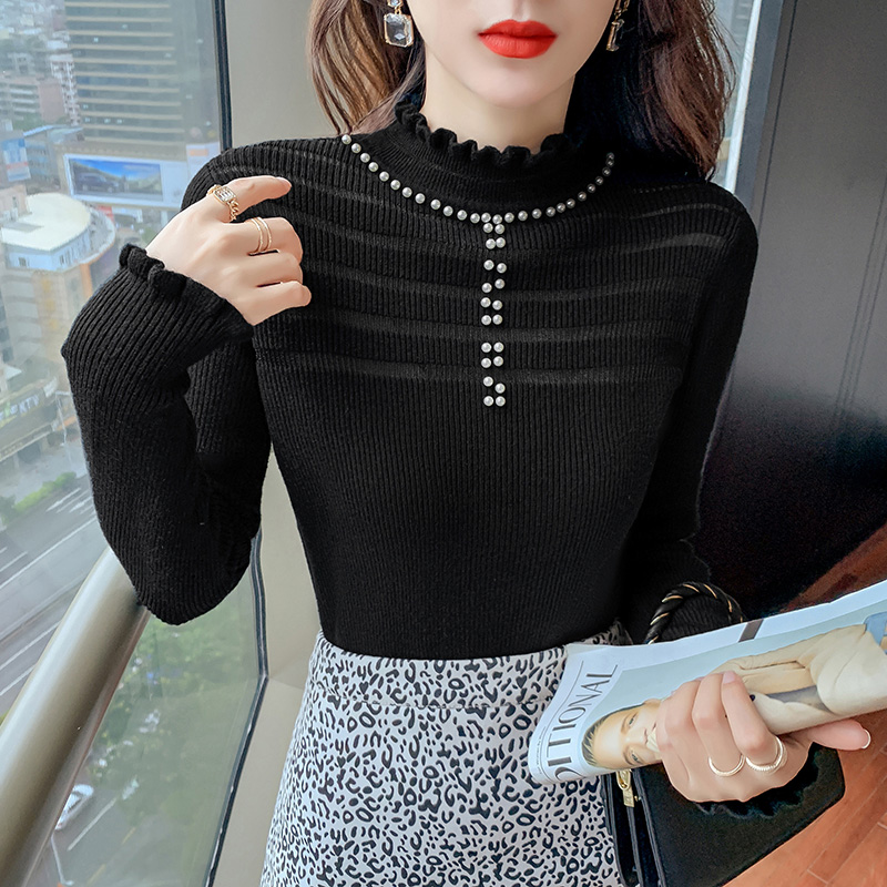 Outlet Pearl half high collar bottoming shirt rivet sweater