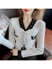 Outlet Mixed colors long sleeve sweater bow lady tops