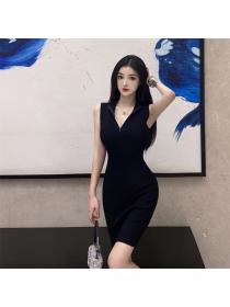 Outlet Pinched waist sleeveless dress knitted vest for women