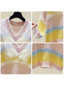 On Sale V-neck Rainbow Color Knitting Sweater 