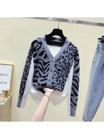 Korea Style V-neck Leopard print Knitting Cardigans