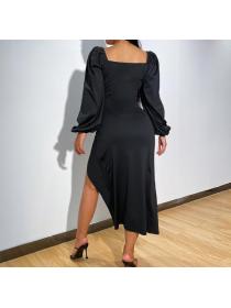 Outlet Hot Style V-neck High Waist Split Plain Black Long-sleeved Dress 