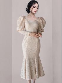 Puff Sleeve Lace Hollow Out Fashion Nobel Dress 