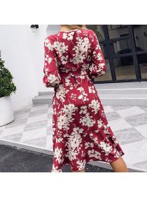 Outlet V-neck European style autumn high waist printing dress for women