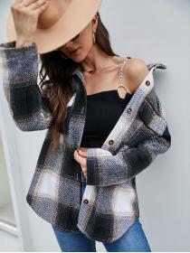 Outlet European style splice cardigan plaid coat for women