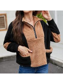 Outlet Long sleeve lapel splice pocket autumn pure zip coat for women