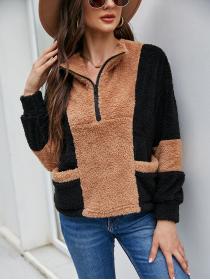 Outlet Long sleeve lapel splice pocket autumn pure zip coat for women
