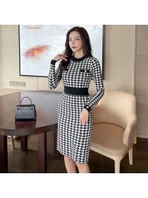 Outlet Knitted plaid sweater slim long sleeve dress for women