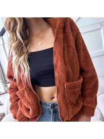 Outlet European style zip hooded woolen coat brown loose coat