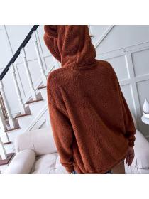 Outlet European style zip hooded woolen coat brown loose coat