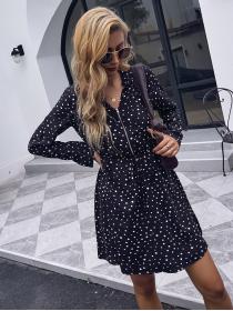 Outlet Long sleeve black loose Casual lapel dress for women