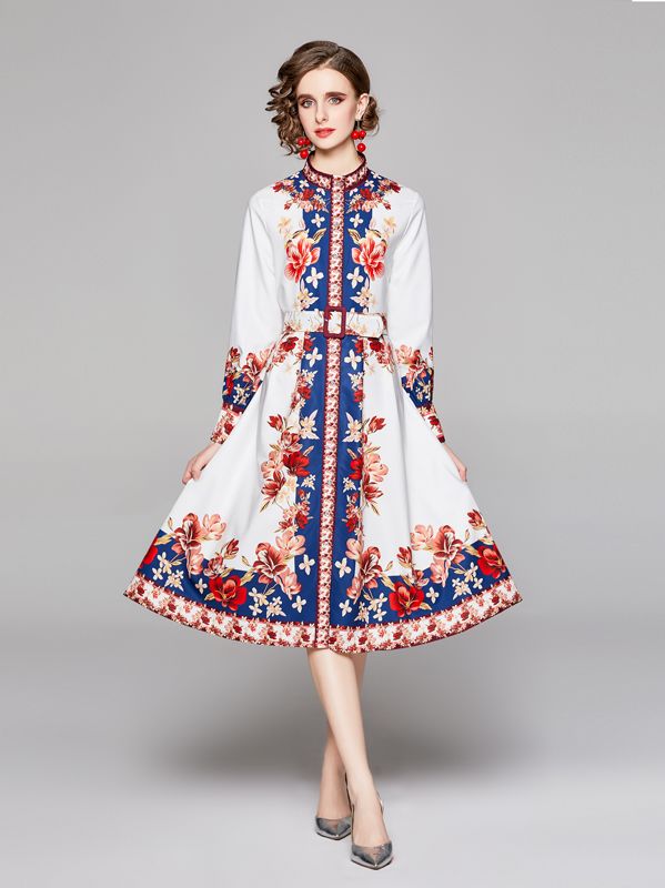 European Style Flower Fashion Show Waist Dress