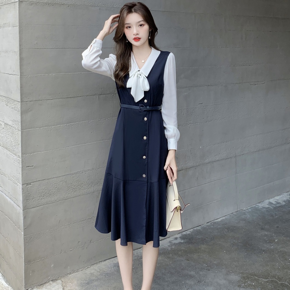 Outlet Autumn and winter bottoming Pseudo-two long sleeve dress