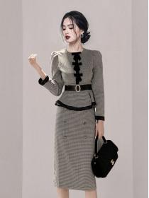 Korean Style Grid Printing Bowknot Matching 2 pcs Dress 