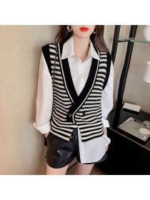 Outlet Irregular hem knitted split coat V-neck two buckle waistcoat