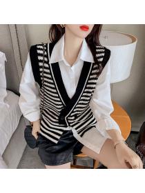 Outlet Irregular hem knitted split coat V-neck two buckle waistcoat