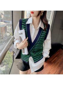 Outlet Irregular hem knitted split coat V-neck two buckle waistcoat