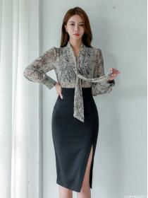 Korean Style Bowknot Matching Blouse+Open Fork Slim Skirt 