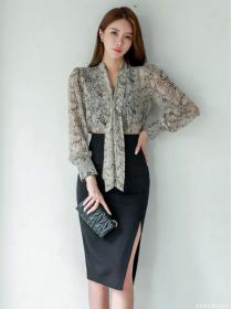 Korean Style Bowknot Matching Blouse+Open Fork Slim Skirt 