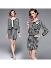 Outlet Houndstooth autumn sweater fashion coat 2pcs set for women
