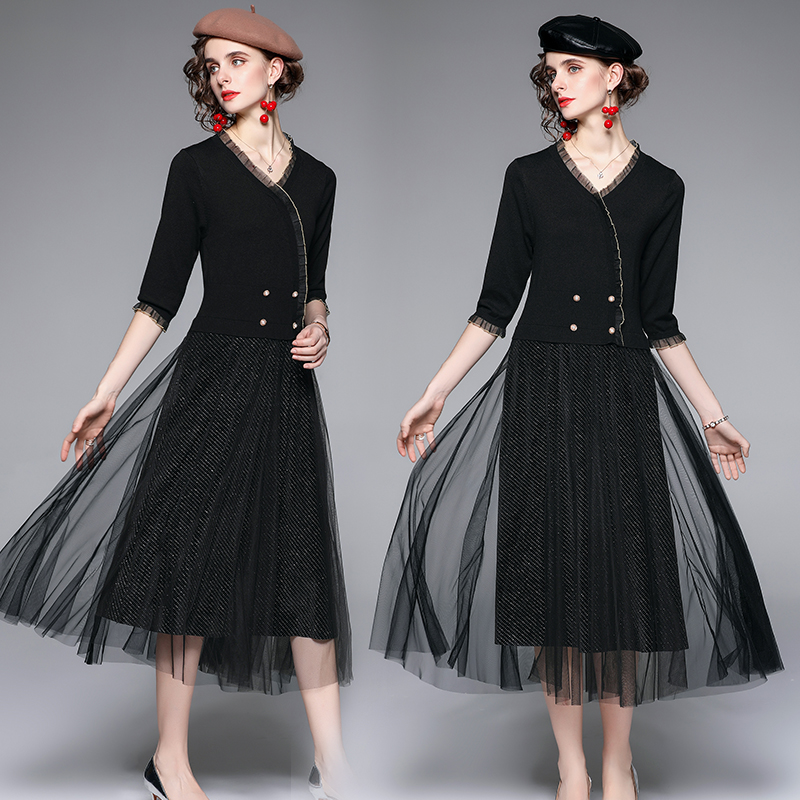 Outlet V-neck temperament autumn pinched waist long knitted dress