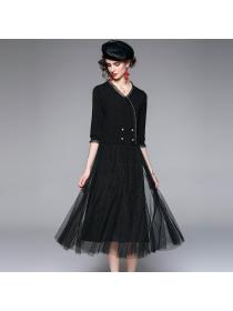 Outlet V-neck temperament autumn pinched waist long knitted dress