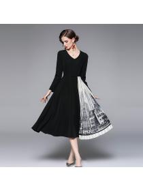 Outlet V-neck slim pleated long sleeve pinched waist dress for women