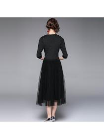Outlet Autumn knitted middle-aged Pseudo-two Western style gauze dress