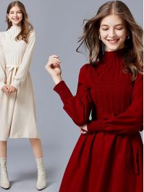 On Sale Stand Collars Pure Color Knitting Dress