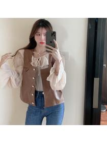 Outlet Buckle fashion shirt lotus leaf edges apricot waistcoat 2pcs set