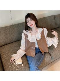 Outlet Buckle fashion shirt lotus leaf edges apricot waistcoat 2pcs set