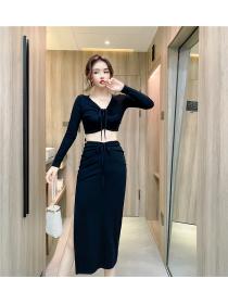 Outlet Package hip knitted autumn long skirt V-neck tight tops 2pcs set