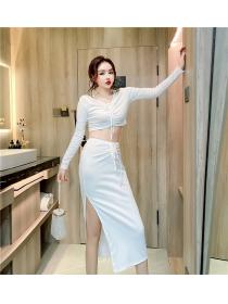 Outlet Package hip knitted autumn long skirt V-neck tight tops 2pcs set