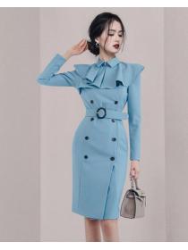 Stand Collars Pure Color Button Matching Dress