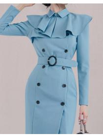 Stand Collars Pure Color Button Matching Dress