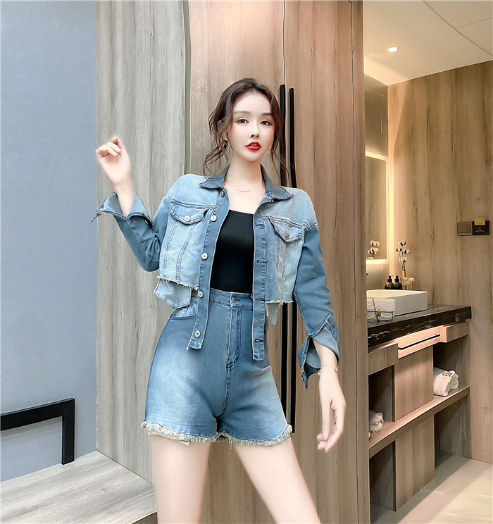 Outlet Single-breasted lapel tops Western style denim shorts 2pcs set