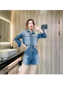 Outlet Single-breasted lapel tops Western style denim shorts 2pcs set