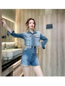 Outlet Single-breasted lapel tops Western style denim shorts 2pcs set