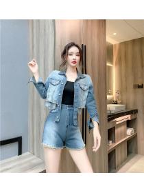 Outlet Single-breasted lapel tops Western style denim shorts 2pcs set