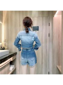 Outlet Single-breasted lapel tops Western style denim shorts 2pcs set