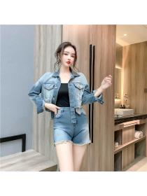 Outlet Single-breasted lapel tops Western style denim shorts 2pcs set