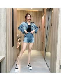 Outlet Single-breasted lapel tops Western style denim shorts 2pcs set