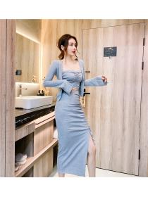 Outlet Wrapped chest fashion tops tight long skirt 3pcs set