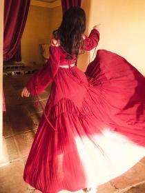 Vintage Style Elegant Plain Red Long-sleeved Dress 