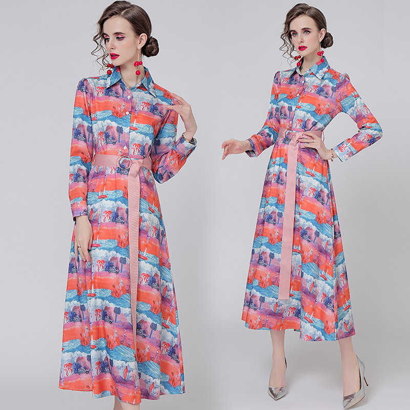 Outlet Printing pinched waist shirt autumn lapel long dress for women