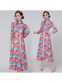 Outlet Printing pinched waist shirt autumn lapel long dress for women