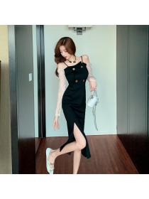 Outlet Retro mixed colors splice formal dress ladies buckle dress