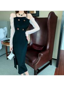Outlet Retro mixed colors splice formal dress ladies buckle dress